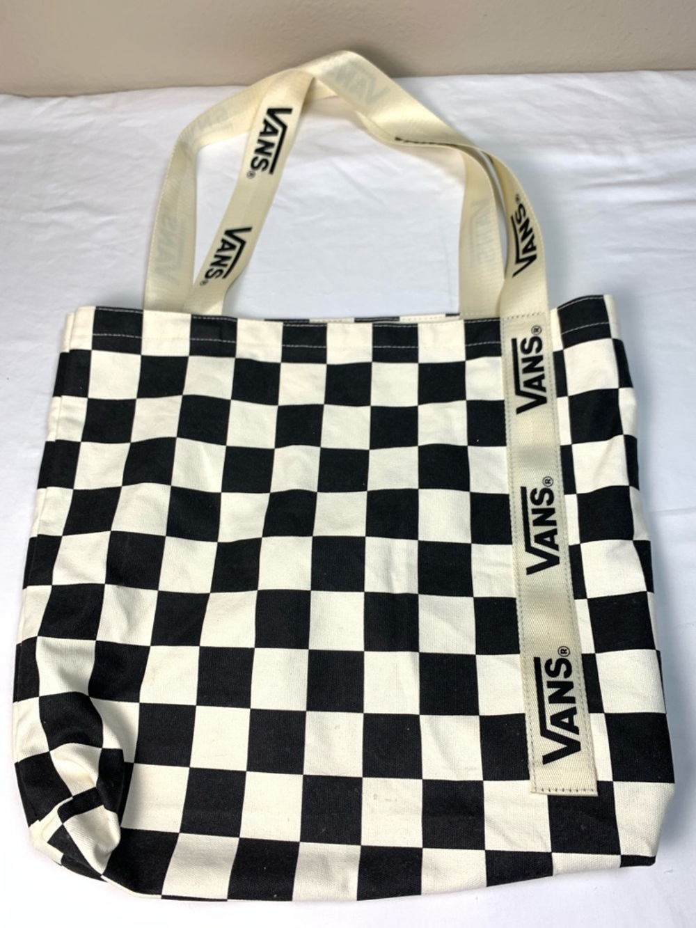 Vans Tote Bag Black White Checkerboard Logo Strap Canvas Shopper Shoulder Bag